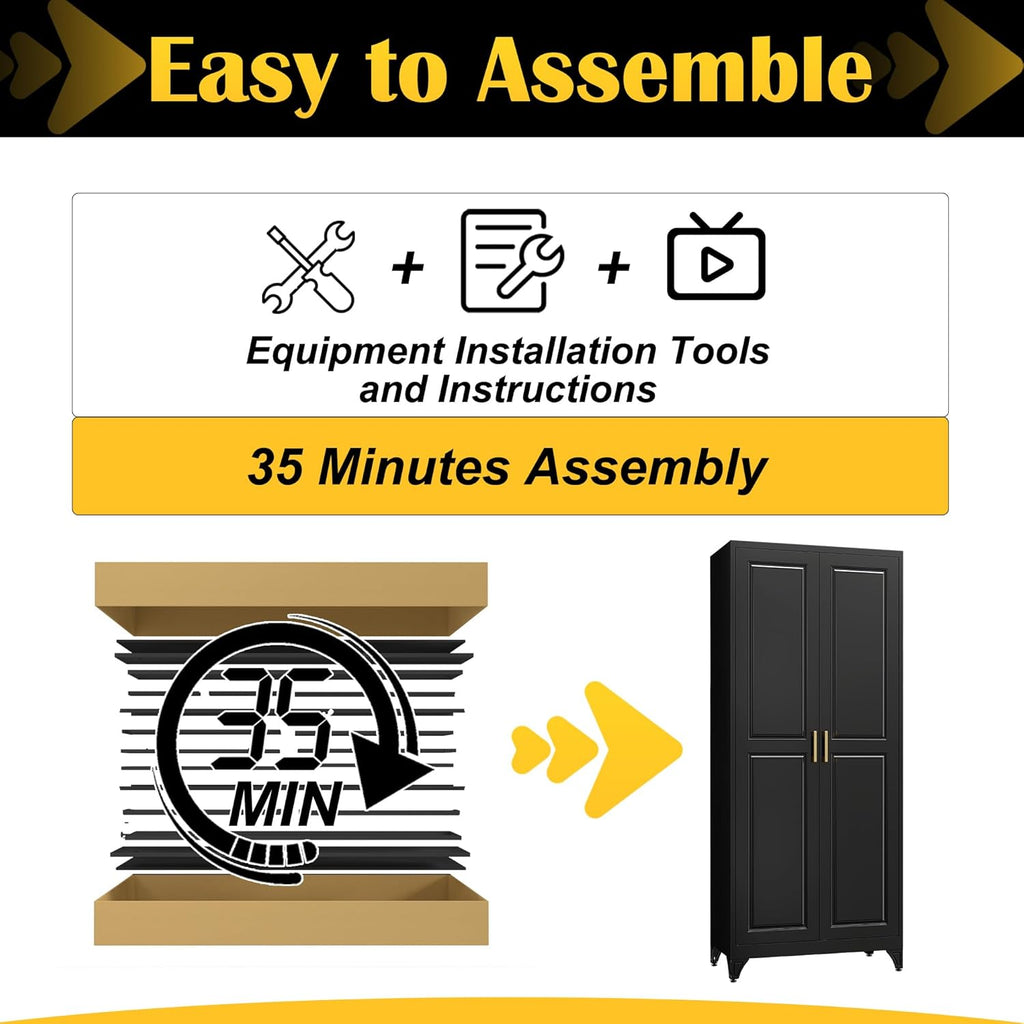 SteeLoong Kitchen Pantry Cabinet,75”Black Metal Storage Cabinets with Doors and 4 Adjustable Shelves,Kitchen Cabinet with 2 Gold Handles,Tall Cabinet for Livingroom, Bathroom