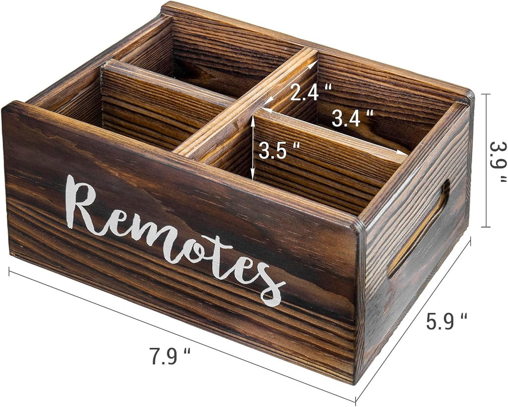 MyGift Wood Remote Control Holder Organizer with 4 Compartments, Tabletop Media TV Remote Caddy Storage with Cursive REMOTES Design (Rustic Burnt)