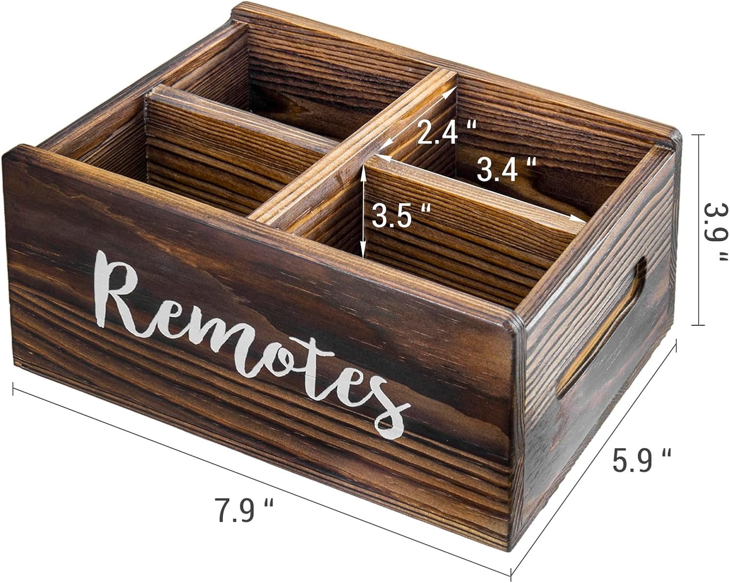MyGift Wood Remote Control Holder Organizer with 4 Compartments, Tabletop Media TV Remote Caddy Storage with Cursive REMOTES Design (Rustic Burnt)