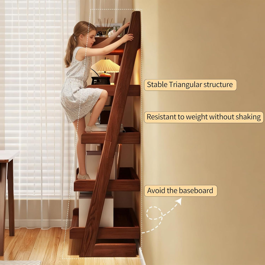 5 Tier Ladder Shelf, Leaning Bookshelf with Wood Frame, 5 Shelf Tall Bookcase Standing Storage Organizer Solid Wood Storage Shelves for Living Room, Bedroom, Home Office (Walnut)