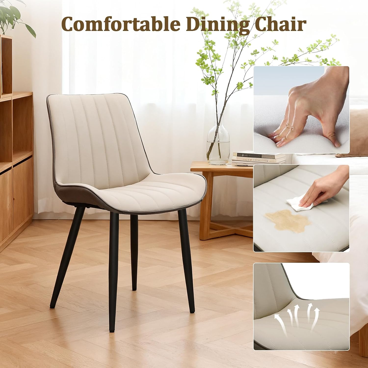 Dining Chairs Set of 6, Leather Modern Kitchen & Dining Room Chairs, Comfortable Upholstered Kitchen Chairs with Metal Legs Armless Side Chairs for Bedroom Restaurant Cafe, Khaki & Dark Grey