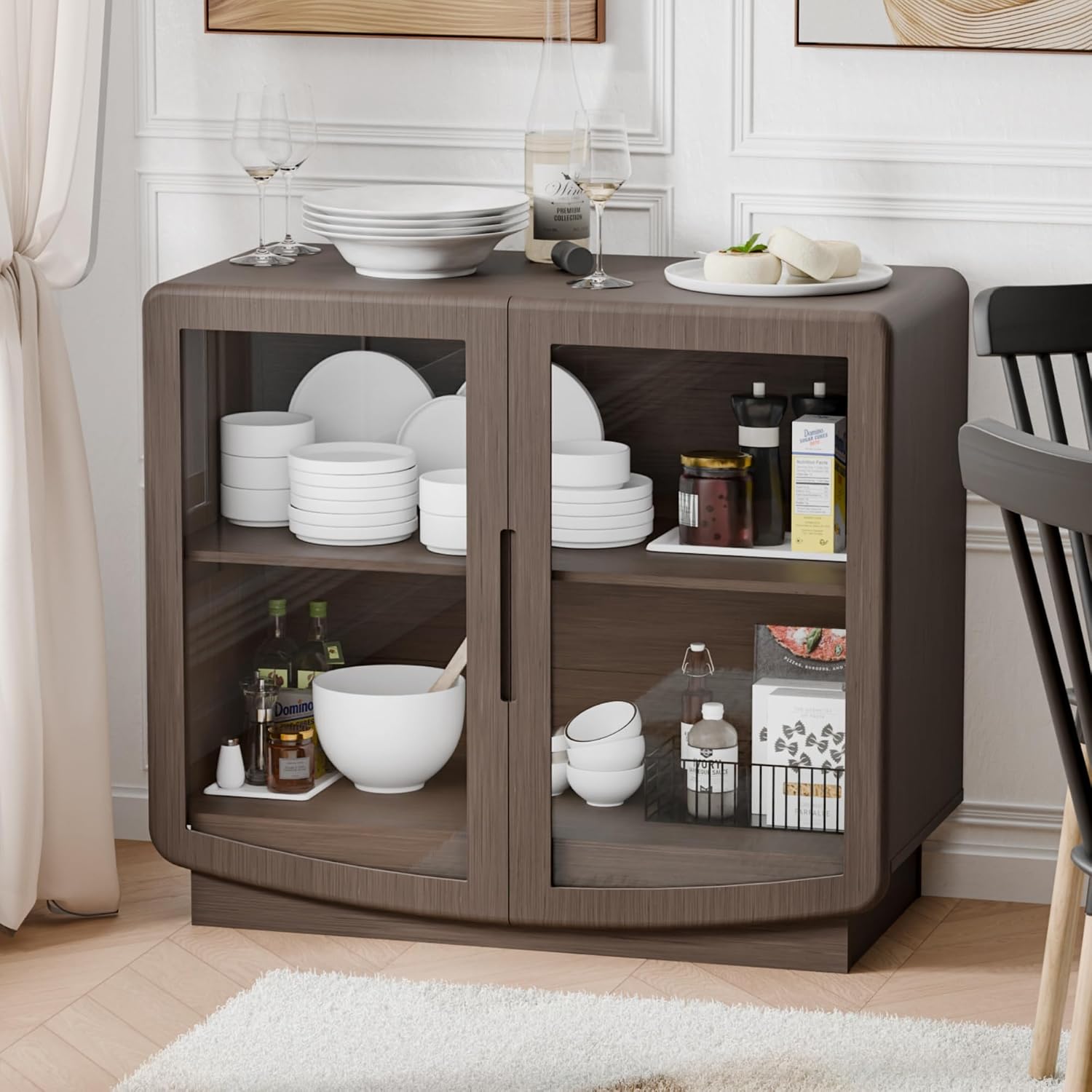 35" Sideboard Buffet Cabinet with Storage, Walnut Glass 2-Door Cabinet with Shelves, Modern Coffee Bar Credenza for Entryway, Kitchen & Living Room