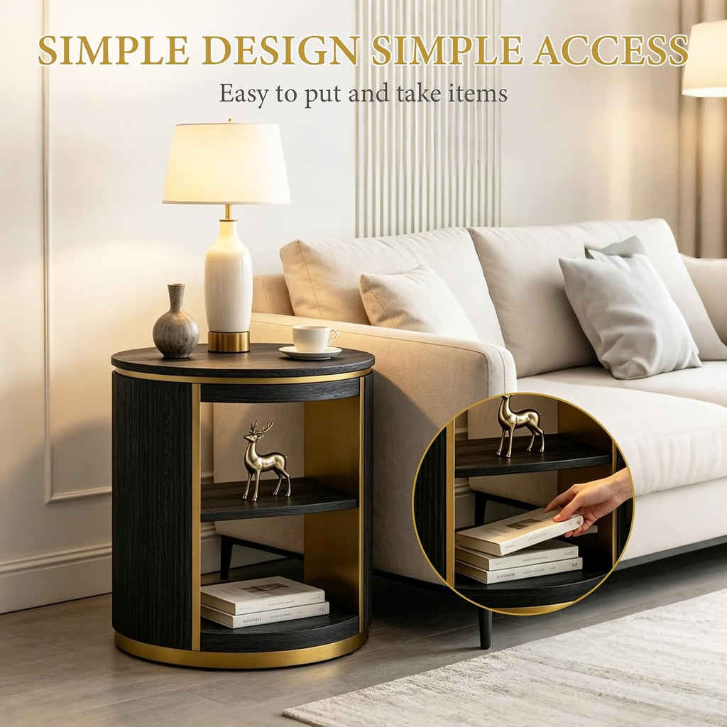 AUZ Round Black and Gold Fluted End Table Set of 2, 22" Mid Century Modern Wood Side Table with Storage, Modern Bedside Table, Nightstand for Living Room, Bedroom