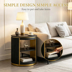 AUZ Round Black and Gold Fluted End Table Set of 2, 22" Mid Century Modern Wood Side Table with Storage, Modern Bedside Table, Nightstand for Living Room, Bedroom