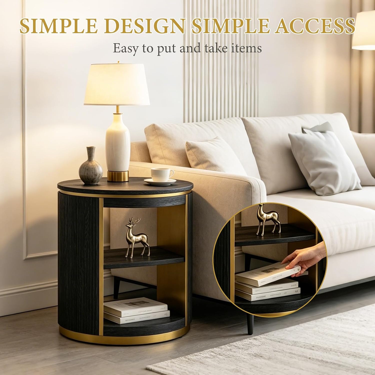 AUZ Round Black and Gold Fluted End Table Set of 2, 22" Mid Century Modern Wood Side Table with Storage, Modern Bedside Table, Nightstand for Living Room, Bedroom
