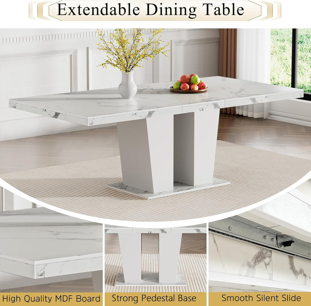 Faux Marble Extendable Dining Table Set for 6, Modern White Kitchen Table Set with 6 Black Tufted Chairs, 7 Piece Extendable Dining Table Set, 63"-78.7" Expandable Dining Table with Sturdy Base