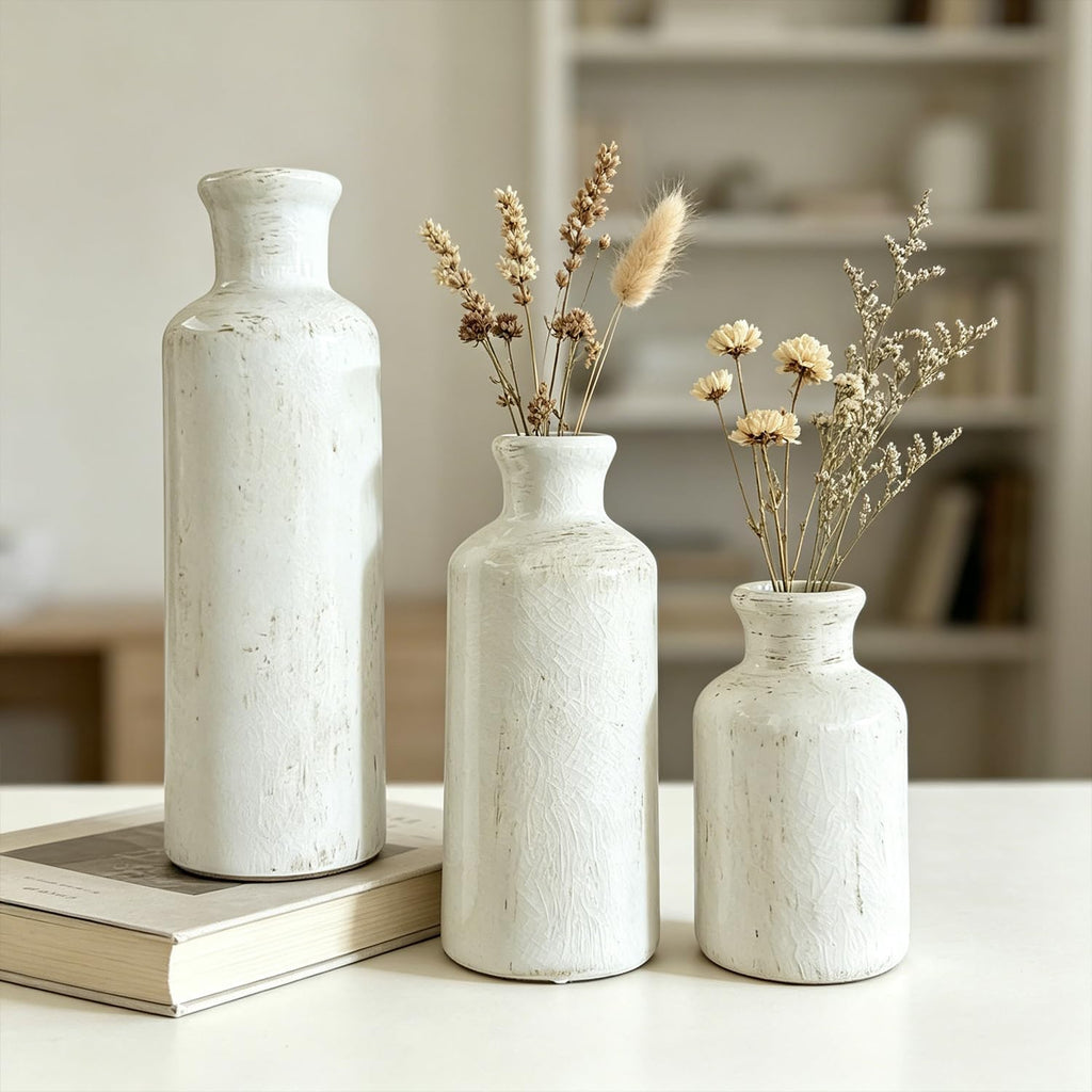 Modern Ceramic Vase Set of 3,White Rustic Vase Home Decor, Farmhouse Vase Decor for Shelves,Entry Table,Living Room,Fireplace