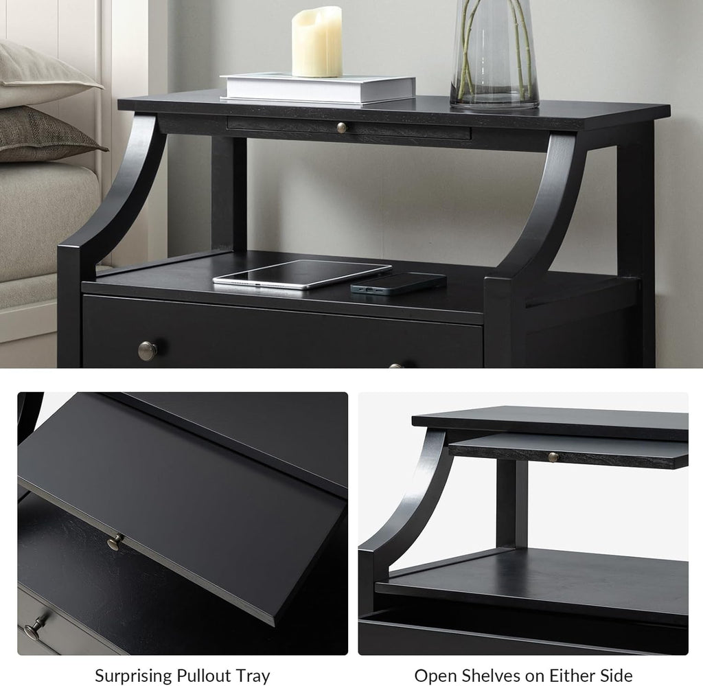 Transitional End Table with Charging Station & Pull-Out Tray, 2 Drawer & Open Shelf Storage Side Table, Adjustable Feet Wood Table for Living Room, Black