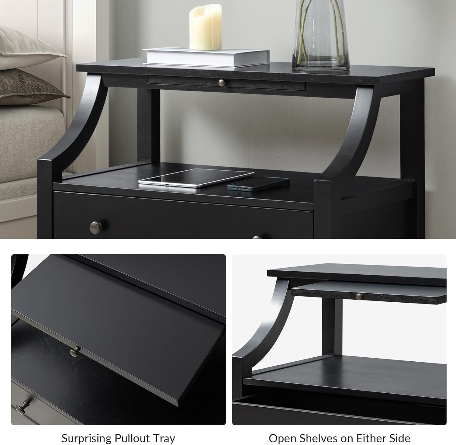 Transitional End Table with Charging Station & Pull-Out Tray, 2 Drawer & Open Shelf Storage Side Table, Adjustable Feet Wood Table for Living Room, Black