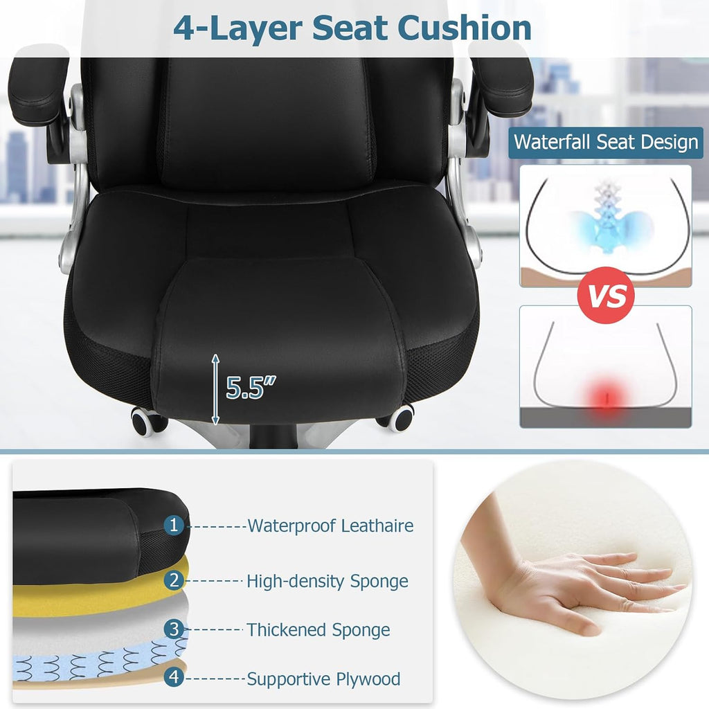 COSTWAY Executive 3D Massage Office Chair, Faux Leather Computer Desk Chair w/Adjustable Headrest & Lumbar Support, High Back Home Office Chair with Flip-up Armrests, Remote Control, Black