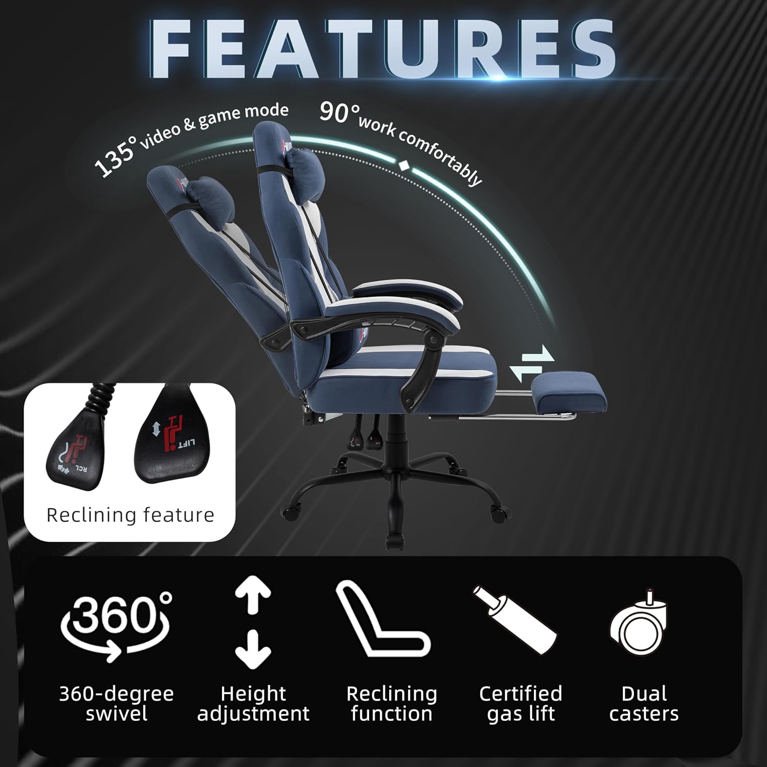 Shintenchi Big and Tall Gaming Chair Fabric Pocket Spring Cushion,High Back Recliner with Footrest and Headrest for Adults, Massage Lumbar Support for Home Office, Ergonomic Computer Desk Chair, Blue