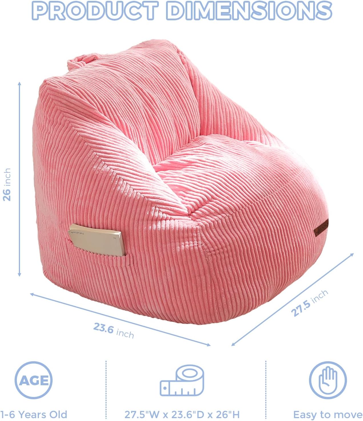 MAXYOYO Kids Bean Bag Chair, Bean Bag Couch with Handle, Comfy Toddler Chair for Boys and Girls, Accent Sofa Chair with Pocket for Gaming Reading Relaxing, Pink