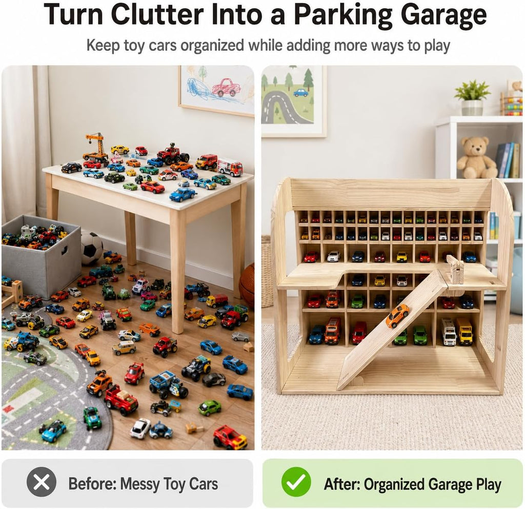 Wooden Toy Car Garage, Pine Wood Parking Garage with Ramp, Kids Vehicle Storage Organizer, Multi-Level Display Shelf for Playroom, Gift for Boys and Girls