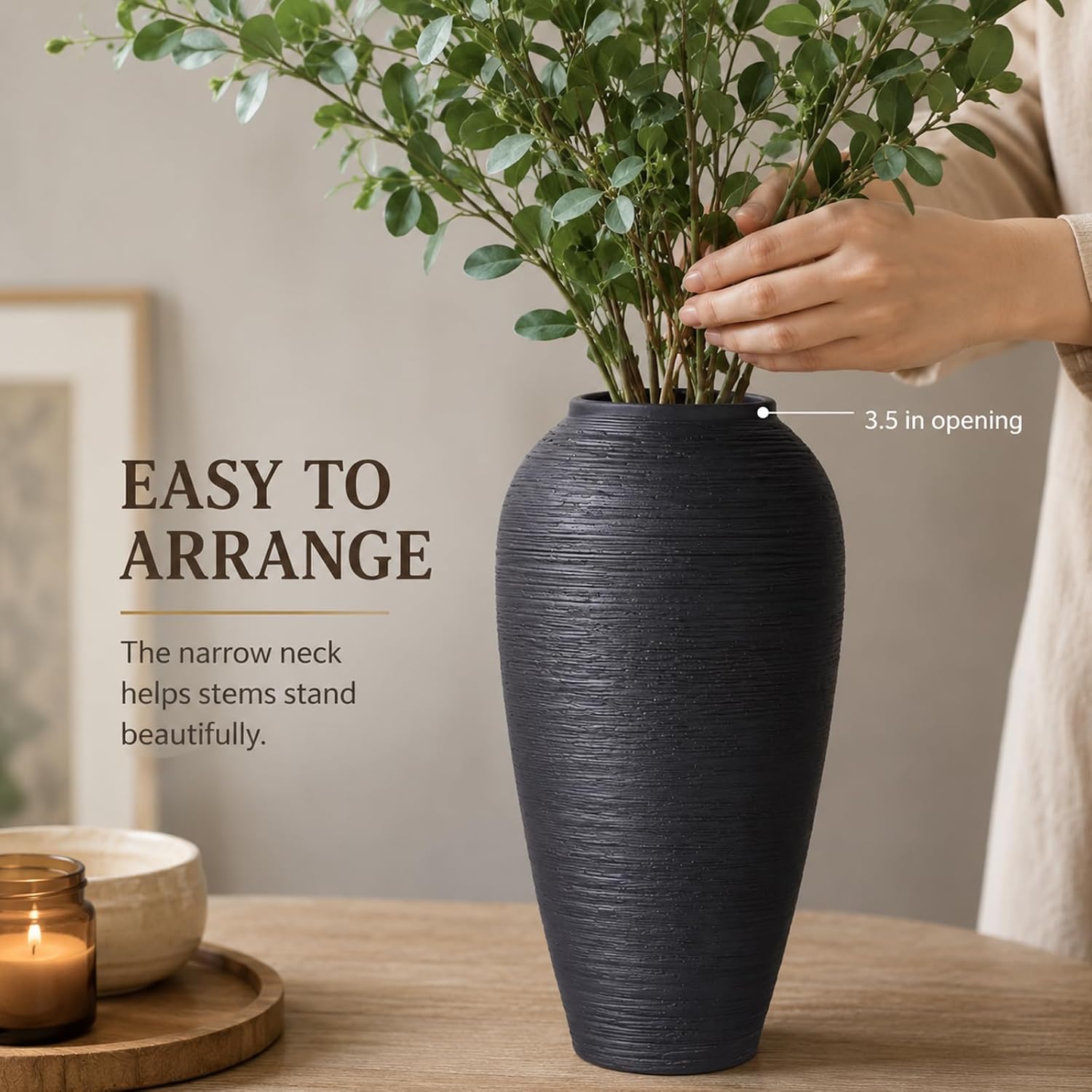 Rustic Ceramic Vase, 13.4" Black Farmhouse Tall Vase, Large Vintage Vases, Modern Terracotta Decor Vases for Home Decor, Living Room, Entryway, Table Centerpieces, Kitchen, Housewarming Gifts