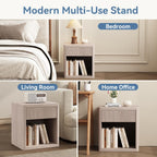 OLIXIS Set of 2 Modern Nightstand, 22.7" Fluted Drawer Wood Bedside Table | Compact white oak nightstand with drawer & open shelf, sturdy multi-use end table for bedroom, sofa side table, entryway