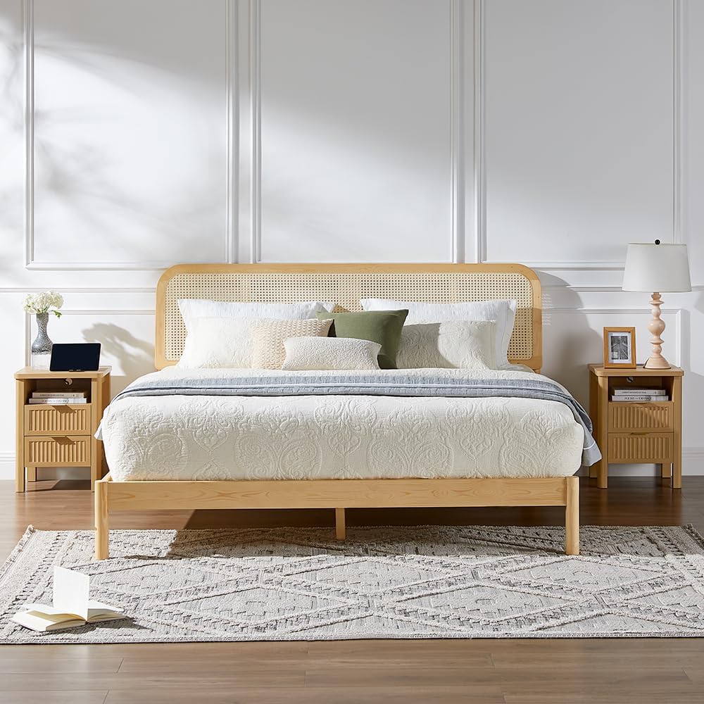 ONBRILL Fluted Night Stand with Charging Station, 23" Modern 2 Drawers End Table, Nightstand Set of 2 with Curved Profile Design, Bed Side Table for Bedroom, Living Room, Natural Oak （1-Pack）