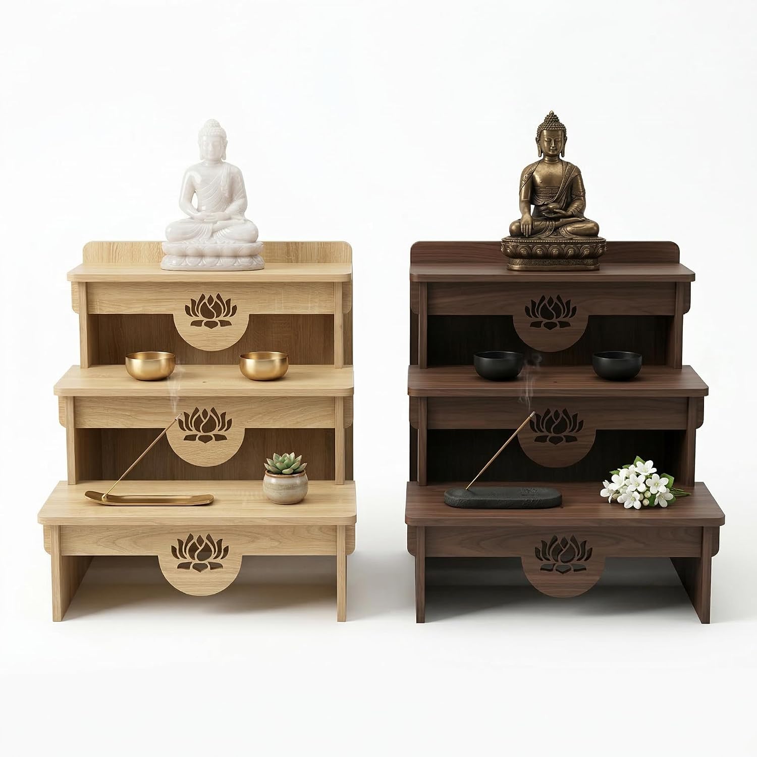 3-Tier Buddhist Altar Table for Prayer & Meditation, Zen Style Wooden Shrine Cabinet with Storage Drawer, MDF Melamine Home Worship Table 23.2 x 24.4 x 26.8 in (59 x 62 x 68 cm) (Walnut)