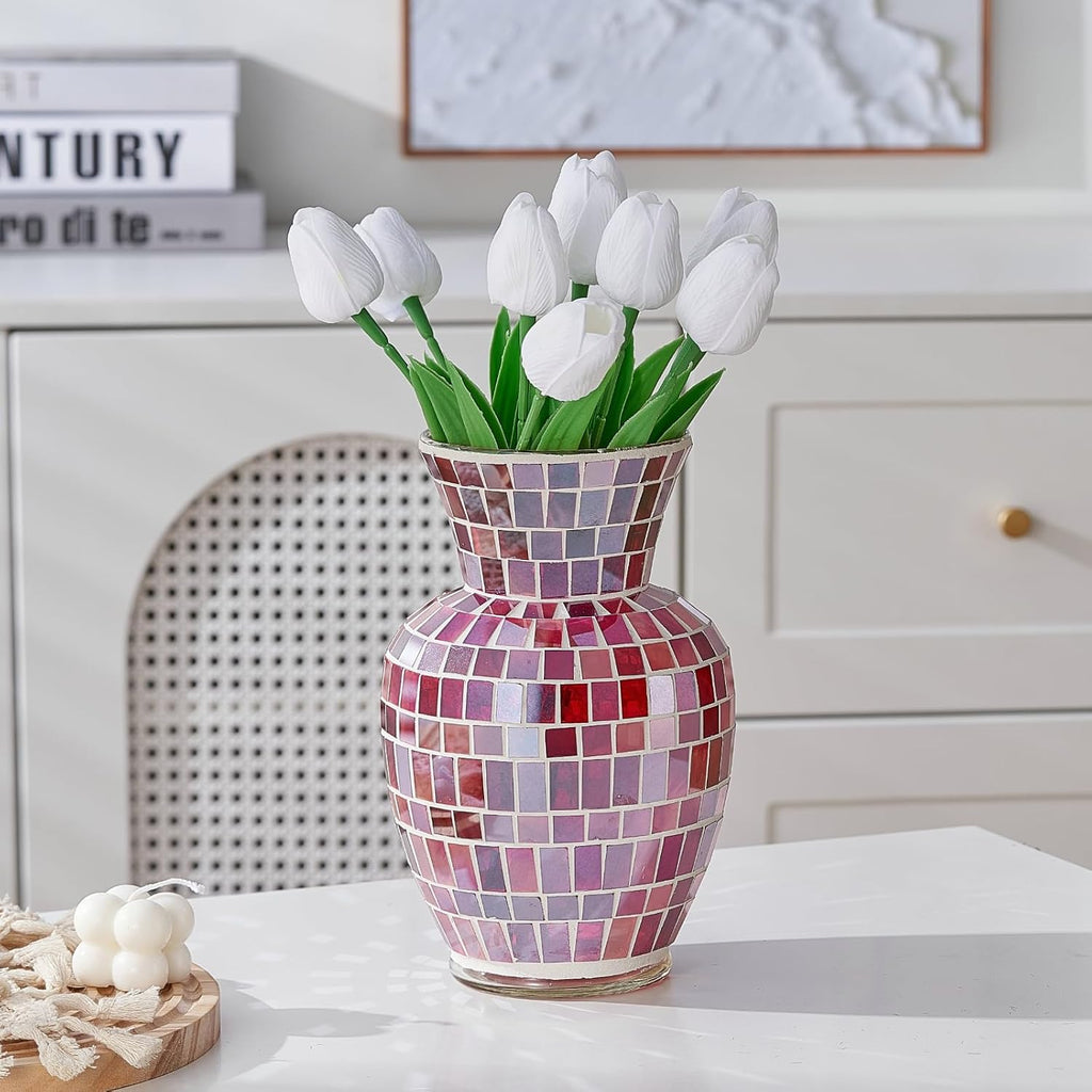 Pink Mosaic Glass Flower Vase, 8.7 Inch Handmade Home Decorative Vase for Living Room, Kitchen, Wedding, Pink Vase for Home Decor(Large)