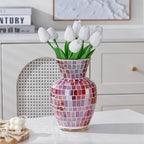 Pink Mosaic Glass Flower Vase, 8.7 Inch Handmade Home Decorative Vase for Living Room, Kitchen, Wedding, Pink Vase for Home Decor(Large)