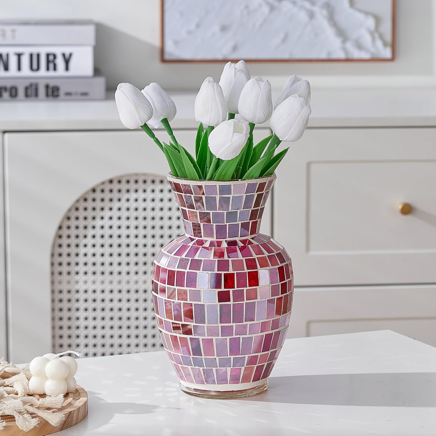 Pink Mosaic Glass Flower Vase, 8.7 Inch Handmade Home Decorative Vase for Living Room, Kitchen, Wedding, Pink Vase for Home Decor(Large)