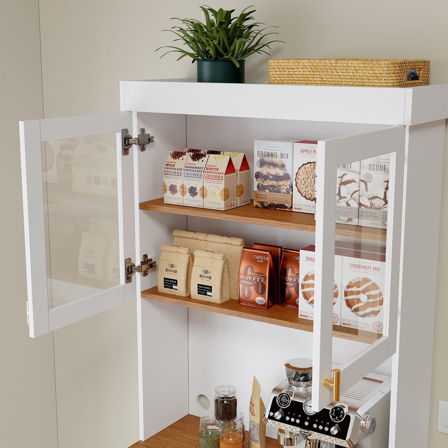 Farmhouse Kitchen Pantry Cabinet Set of 2, 71-Inch Tall Storage Cabinet with Glass Doors, Coffee Bar Hutch with Microwave Stand and Adjustable Shelves for Kitchen, Dining Room, Living Room, White