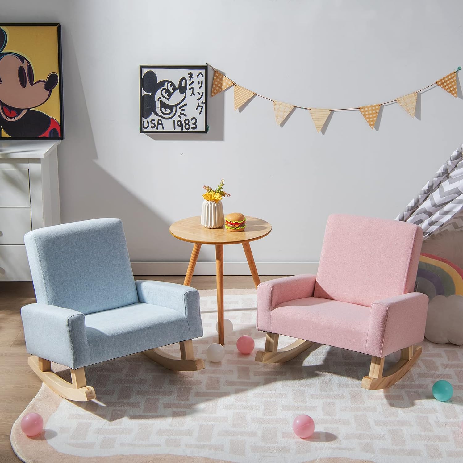 Toddler Rocking Chair, Kids Rocker Furniture with Comfy Thick Cushion & Solid Wood Base, Nursery Armchair Sofa for Bedroom, Baby Room, Suitable for 3-5 Years Old (Pink)