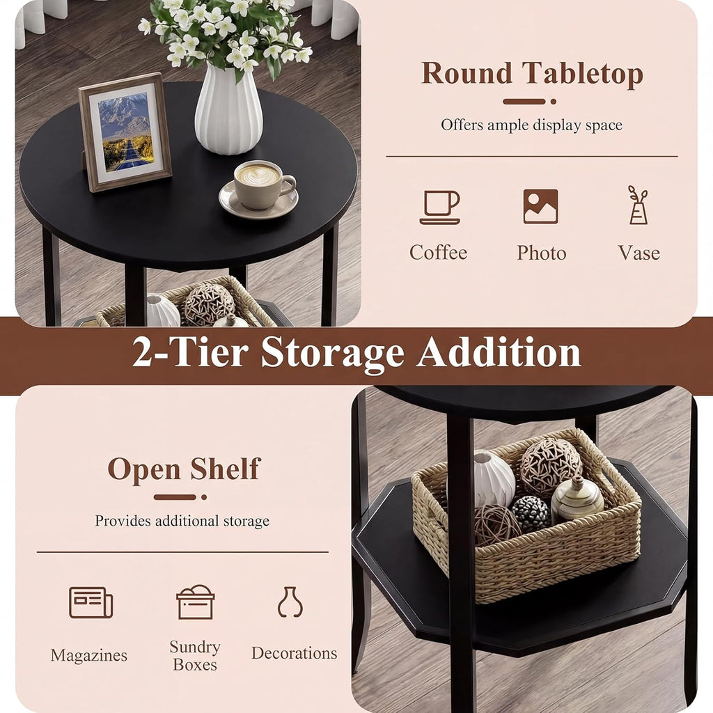 GOFLAME 2-Tier Round End Table, 20” Couch Sofa Side Table with Octagonal Storage Shelf & Metal Frame, Industrial, Modern Bedside Tables, Compact Nightstand for Living Room, Bedroom (Black,1)