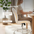 Vanity Chair with Wheels, Armless Office Chair Height Adjustable, Cute Desk Chair with Soft Lumbar Support for Small Space, Bedroom, Make-up Room, White