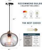 CASAMOTION Hand Blown Clear Glass Pendant Lights with Black Marble, Modern Rustic Kitchen Island Ceiling Hanging Light Fixtures for Dining Room Table Bedroom, Oval Globe 8.7 Inch Diameter, 2 Pack