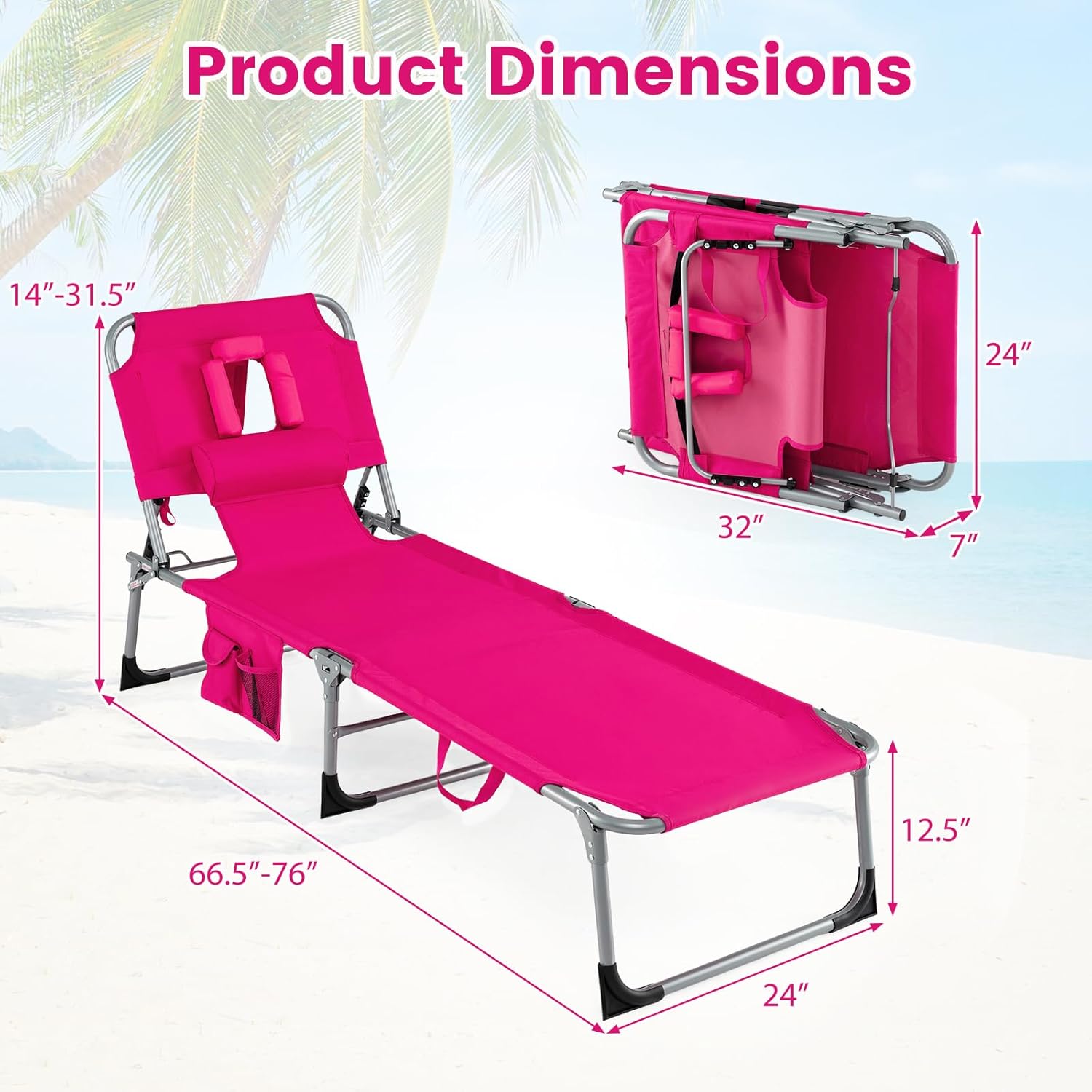 LDAILY Tanning Chair, Portable Sun Bathing Beach Chairs with Face Hole, Arm Cutouts & Storage Pocket, Lounge Chair Outdoor with 4 Adjustable Positions for Patio, Poolside, Lawn, Camping (Pink)