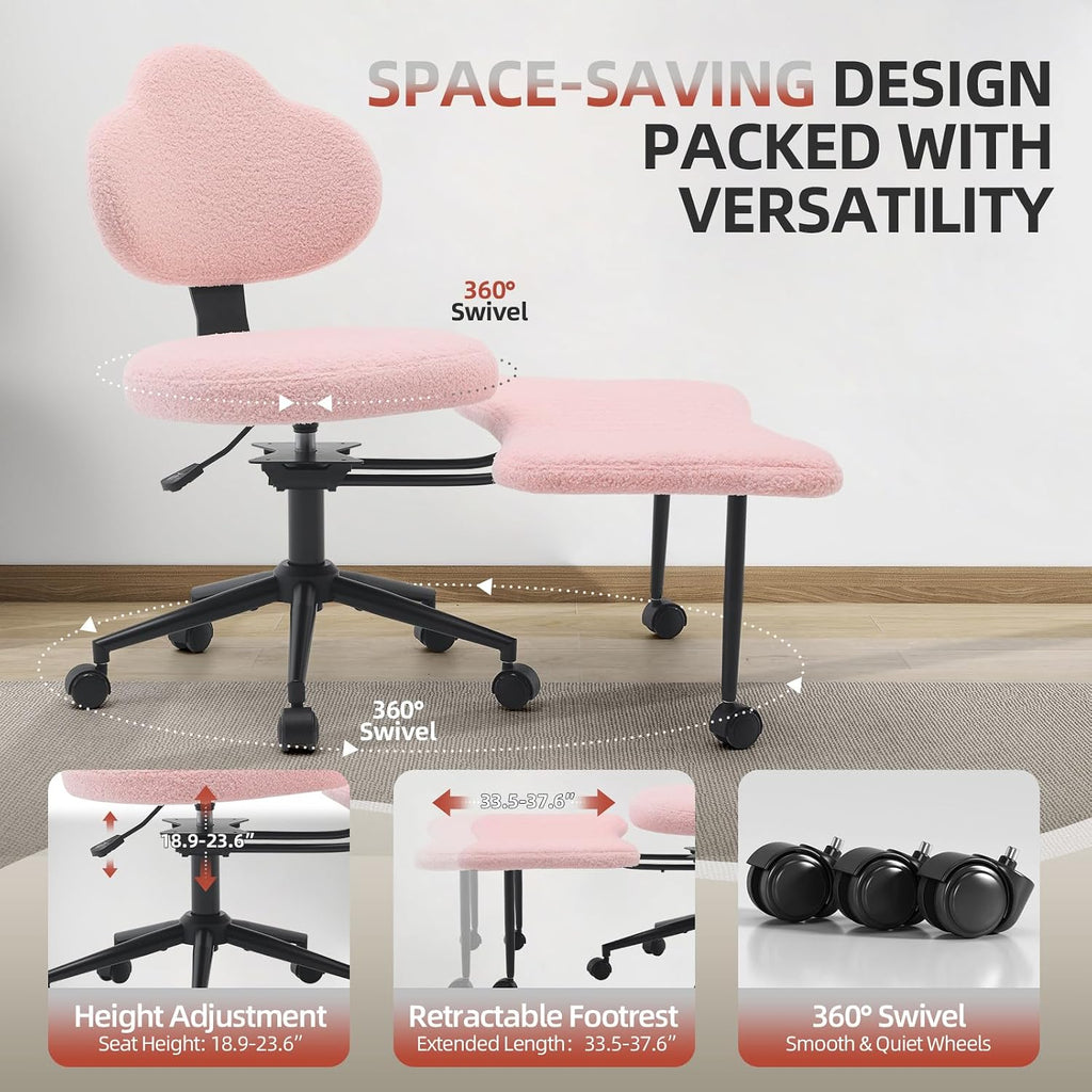 Ergonomic Cross Legged Chair, 360° Swivel Meditation Chair with Wheels, Height Adjustable Seat for Meditation, ADHD & Yoga, Teddy Fabric Yoga Stool for Home Office, Pink
