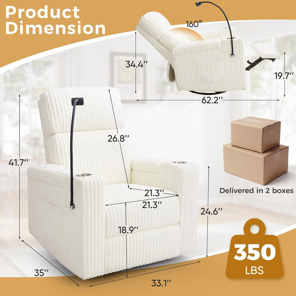 Power Swivel Rocking Chair Nursery with Armrest Storage, Skin-Friendly White Corduroy Nursing Chair Copy Thickened High-Density Foam Rocking Recliner with USB & C Port, Cup & Phone Holder