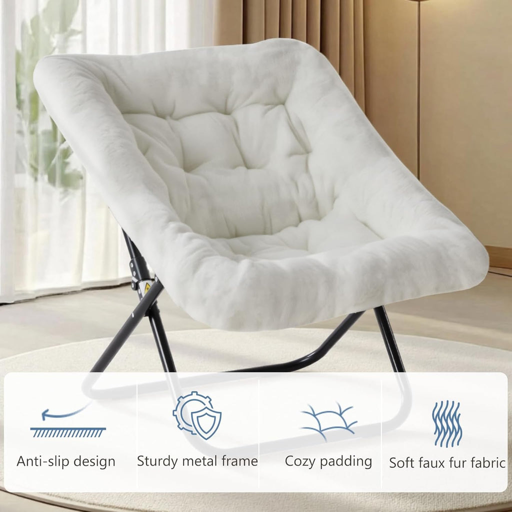 DUMOS Saucer Chair, Cozy Faux Fur Folding Chair with Sturdy Black Metal Frame, Soft Plush Padded Square Lounge for Bedroom Living Room Dorm, Anti-Slip Portable Accent, White