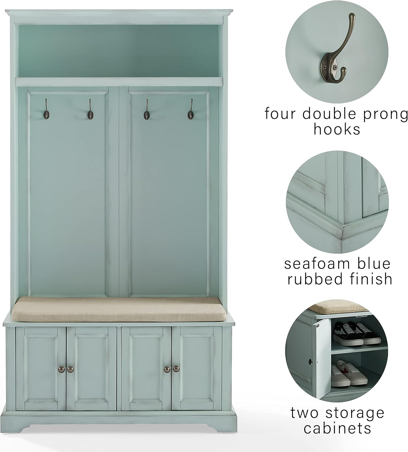 Crosley Furniture Holbrook Hall Tree with Shoe Rack Bench and Coat Hooks for Hanging Storage, Distressed Seafoam Blue