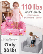 TinyPalsa Foldable Toddler Couch, 30% More Firmness, 2-in-1 Comfy Sofa & Lounger for 3+ Years Old Girls Boys, Space Saving & Easy to Clean Kids Chair for Reading, Playroom (Pink Magical Pony)