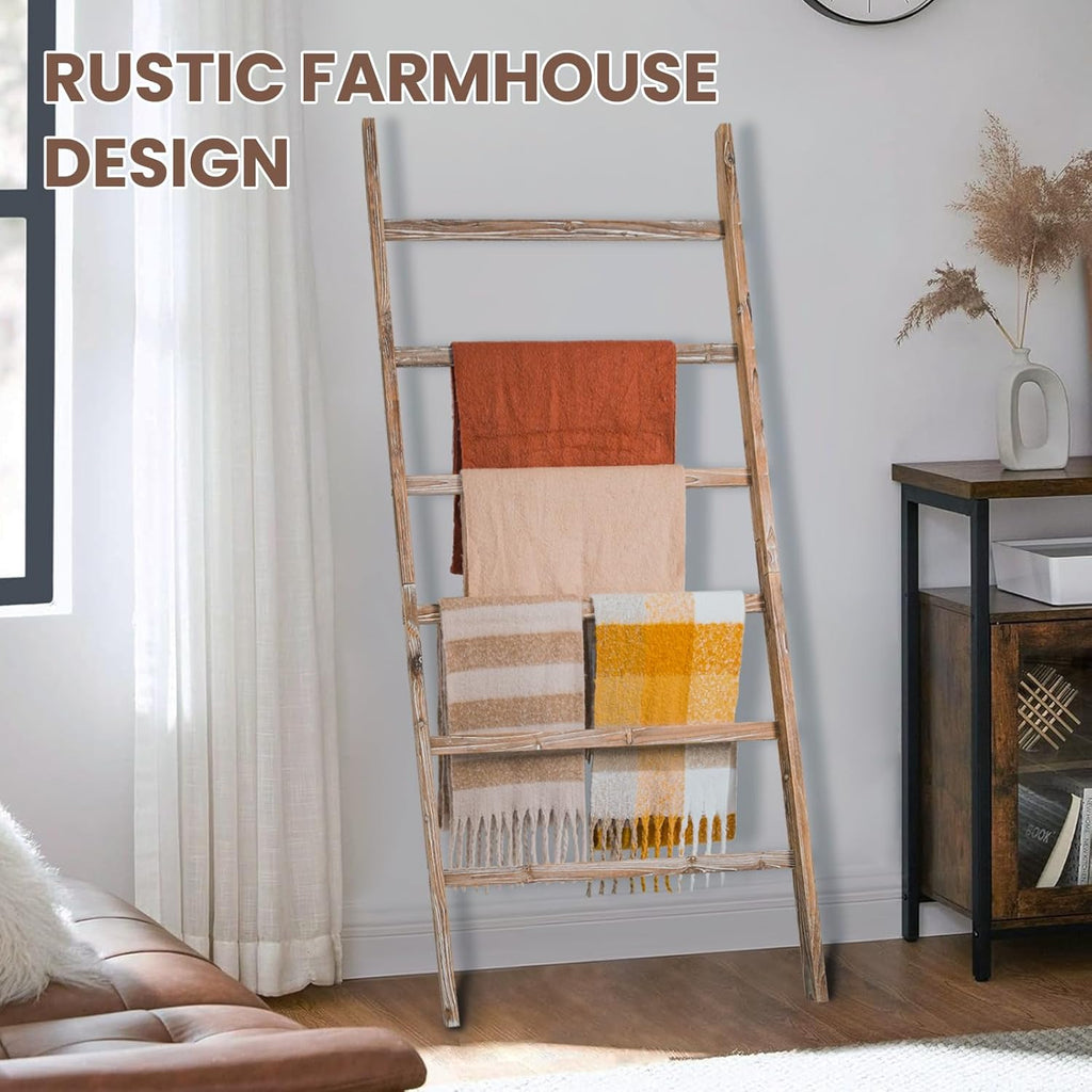 Blanket Ladder Shelf 6.4FT, 38 inch Wide Solid Wooden Blanket Ladder for Living Room, 6-Layer Farmhouse Rustic Quilt Rack for Living Room Bathroom