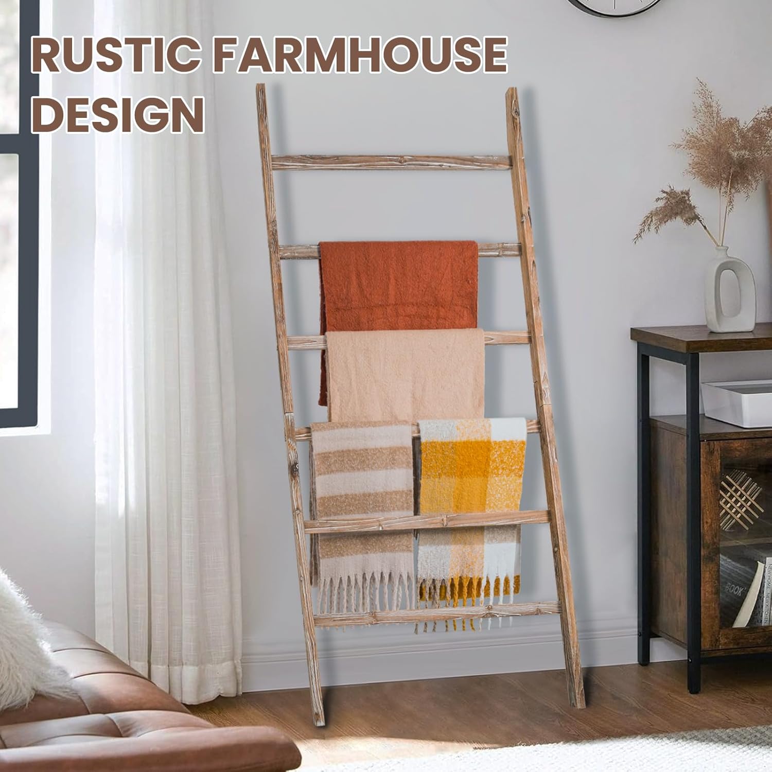 Blanket Ladder Shelf 6.4FT, 38 inch Wide Solid Wooden Blanket Ladder for Living Room, 6-Layer Farmhouse Rustic Quilt Rack for Living Room Bathroom