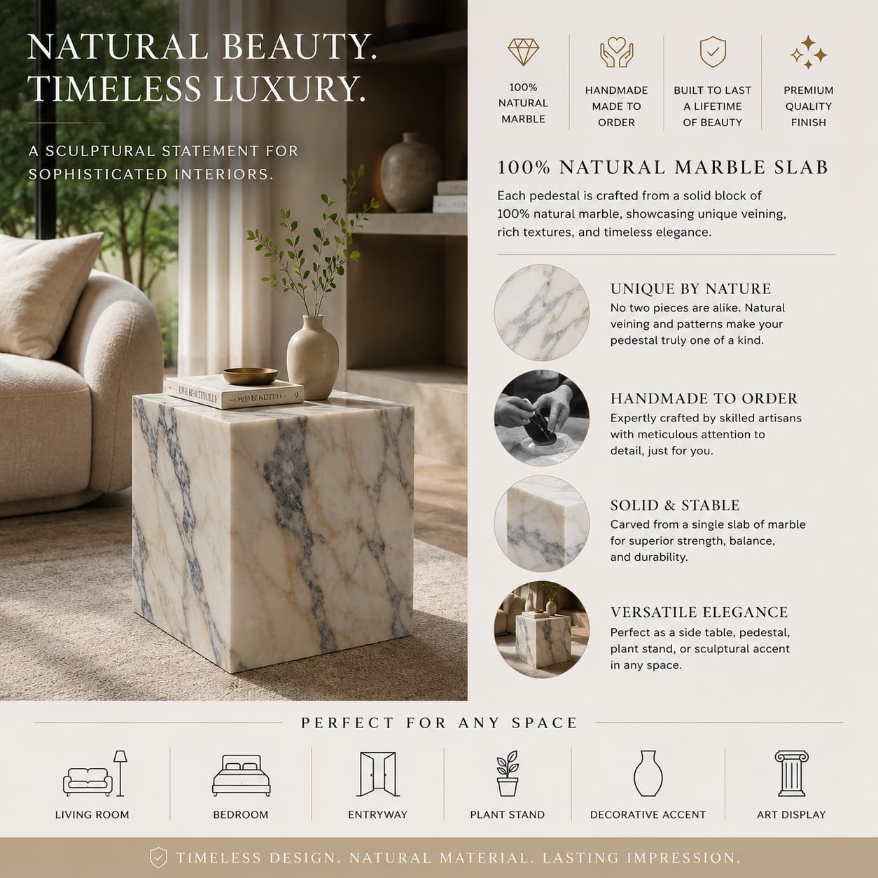 Handmade Natural Marble Side Table, Made to Order Custom Stone End Table, Luxury Nightstand Table for Living Room Bedroom, Customizable Marble Slab Furniture