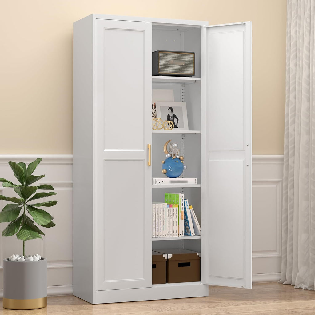 71" Tall Metal Storage Cabinet, Kitchen Pantry Storage Cabinets with Doors and 4 Shelves, White Pantry Cabinet, Utility Kitchen Cupboard, Large Steel Cabinets for Dining, Office, Living Room