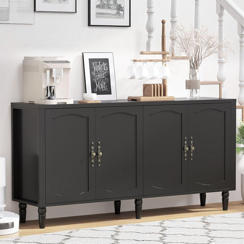 fineway 63" Sideboard Buffet Cabinet, Mid Century Modern Credenza Storage Cabinet with Adjustable Shelves & Carved Handles, Large Kitchen Buffet Table Coffee Bar for Dining Room & Living Room - Black