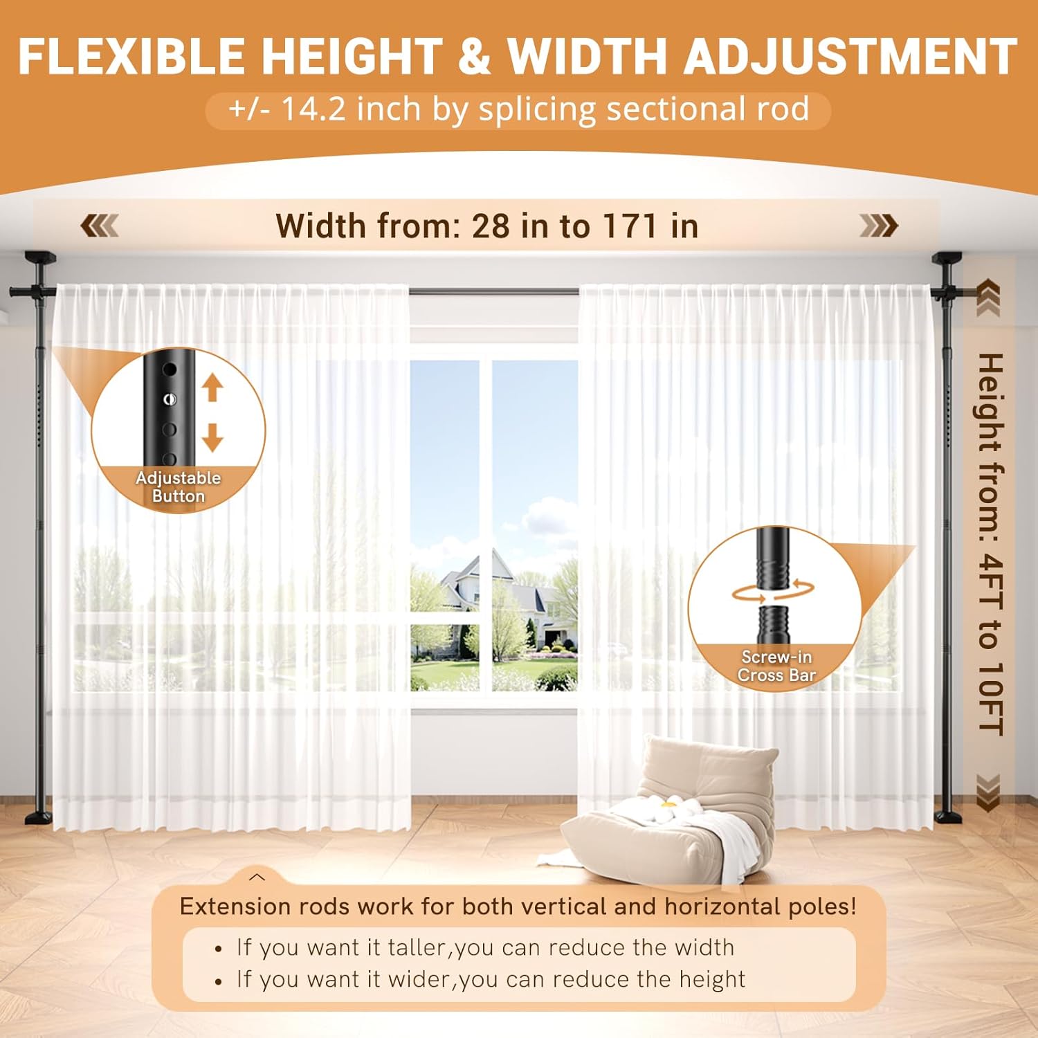 Room Divider for Room Separation,Tension Curtain Rods No Drilling for Room Separation, 4-10ft(H) 28-171inch(W) Heavy Duty Floor to Ceiling Tension Rod Divider for Temporary Privacy Wall Divider,Black
