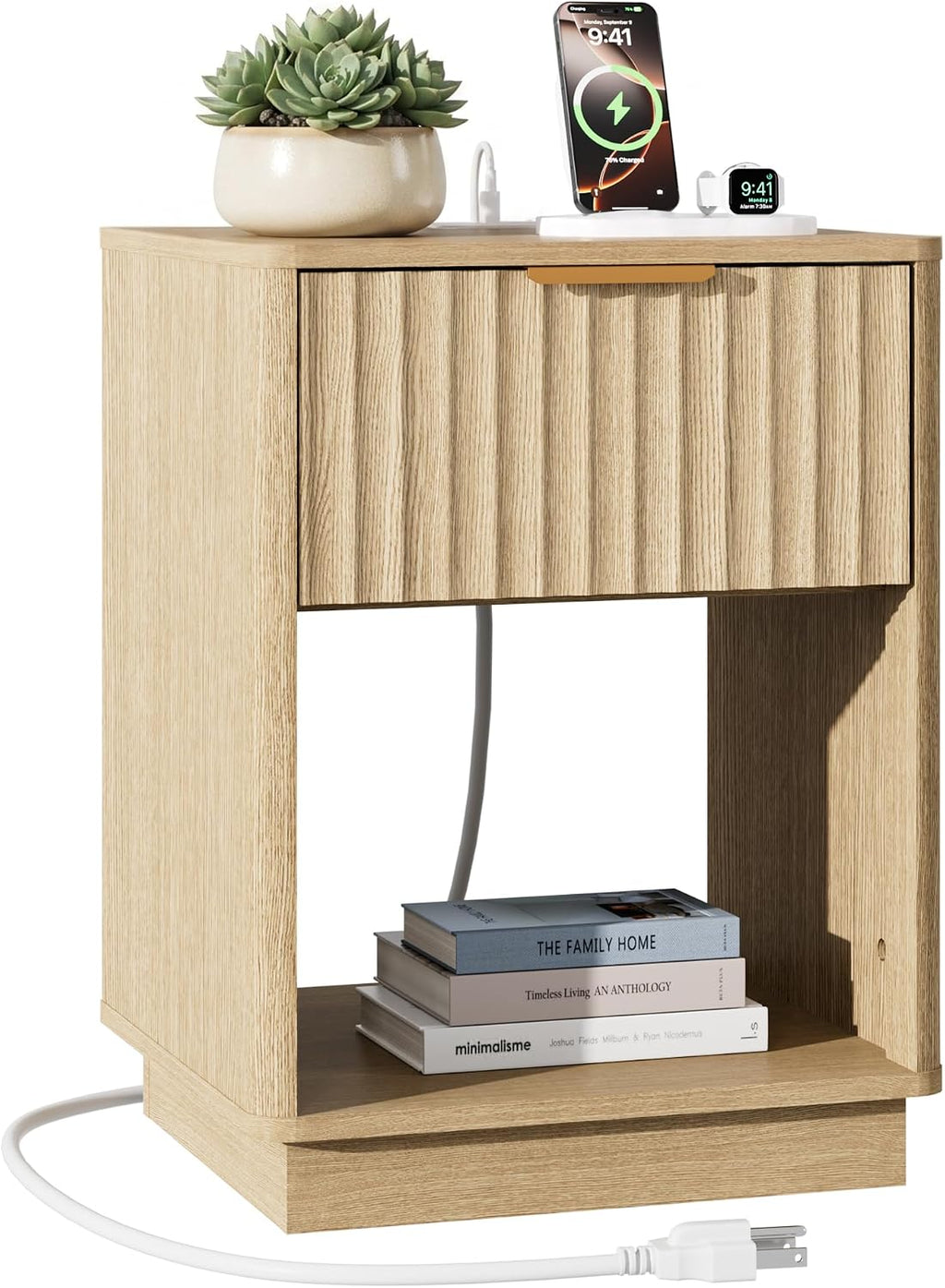 Fluted Nightstand with Charging Station, 18" W Night Stand with Metal Handle, FSC-Certified Wood, Modern End Table w/Storage, Bedside Table for Bedroom, Curved Profile Design, Natural Oak