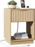 Fluted Nightstand with Charging Station, 18" W Night Stand with Metal Handle, FSC-Certified Wood, Modern End Table w/Storage, Bedside Table for Bedroom, Curved Profile Design, Natural Oak
