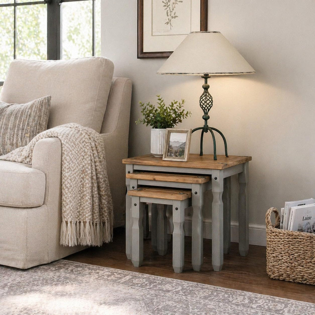 OSHOME 3-Piece Farmhouse Nesting Side Table Set – Solid Pine Wood End Tables in Corona Gray with Rustic Wood Top