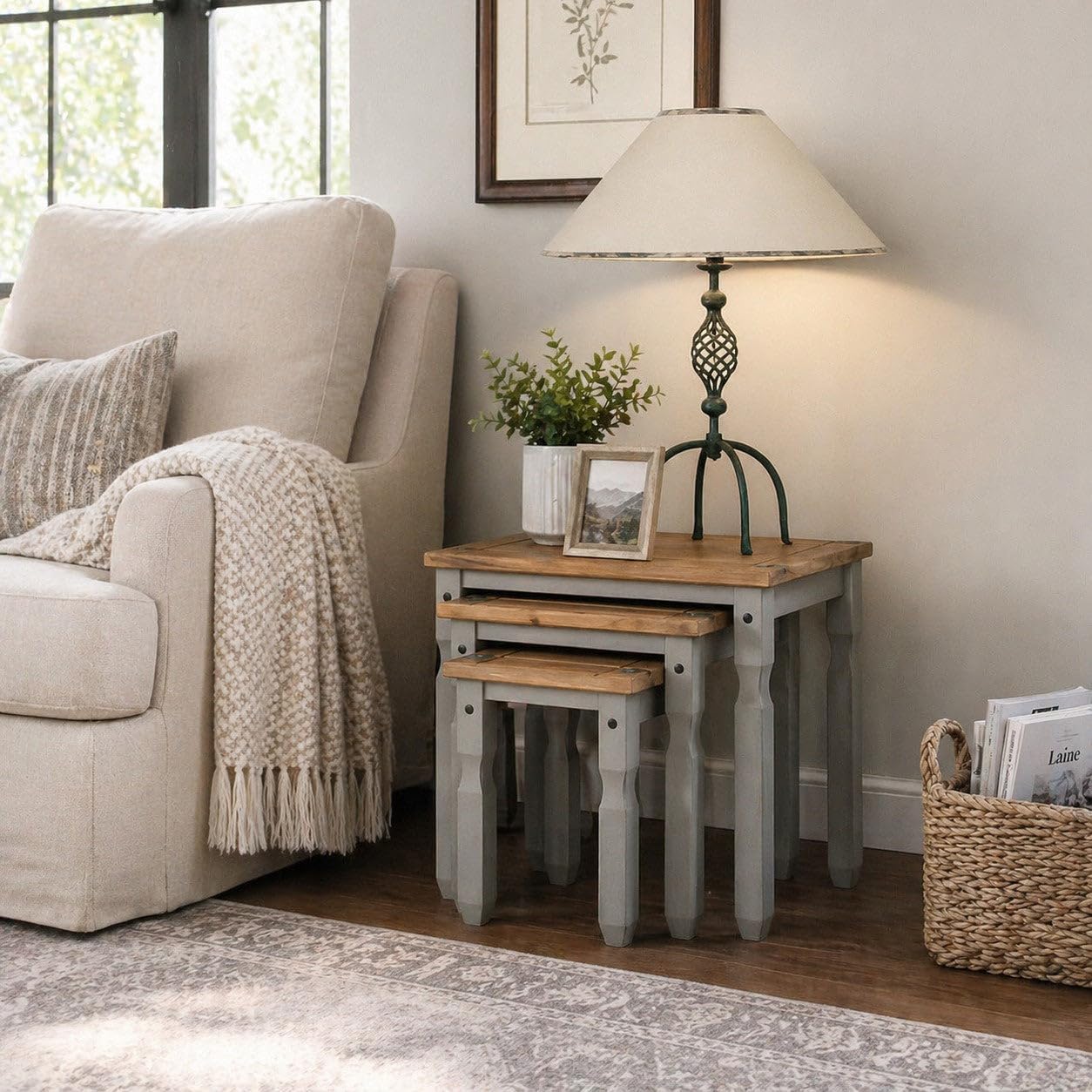 OSHOME 3-Piece Farmhouse Nesting Side Table Set – Solid Pine Wood End Tables in Corona Gray with Rustic Wood Top