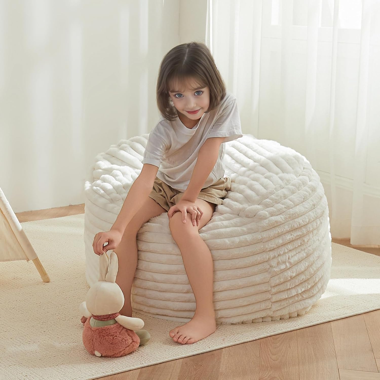MAXYOYO Kids Bean Bag Chair Bed, Convertible Children Bean Chair to Floor Couch with Filler, Faux Fur Bean Bag Bed Stuffed Child Sofa Couch for Girl Boy, Beige Large