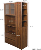 Pantry Cabinet 70 Inch Tall Kitchen Storage Cabinet with Glass Door, Freestanding Food Hutch with Pull Out Shelf 2 Drawers and 4 Tier Side Shelf, Microwave Stand Buffet Cabinet for Dining Room, Walnut