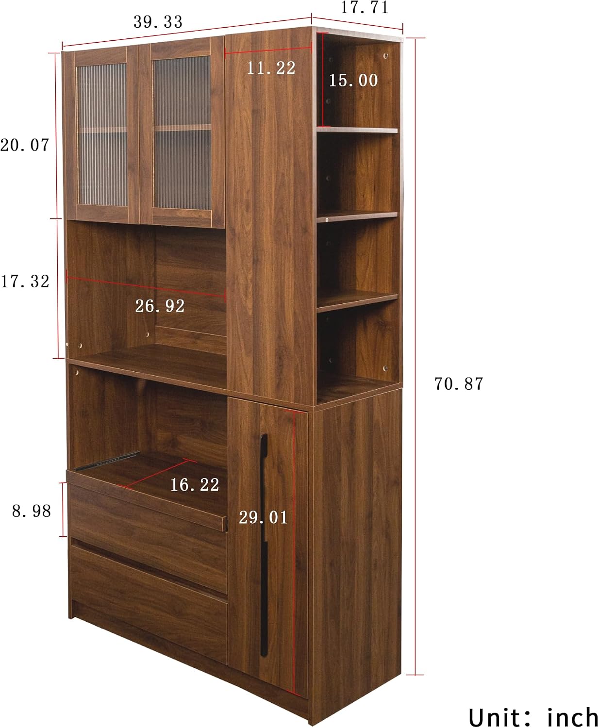 70.87" Kitchen Pantry Cabinet with Microwave Stand, Multi-Tier Pull-Out Storage Shelf, 4-Tier Side Shelf & Glass Door, Freestanding Food Hutch Buffet Sideboard for Dining Room, Walnut