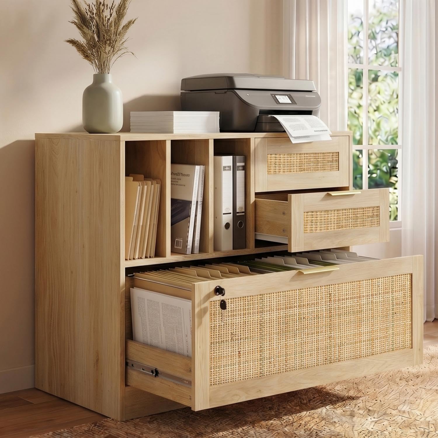 HOPUBUY 3 Drawer File Cabinet with Lock, Wood Rattan Lateral Filing Cabinet for Home Office, Printer Stand with 3 Open Shelves for Letter/Legal/A4/F4 Size, Adjustable Hanging Bars, Natural Wood