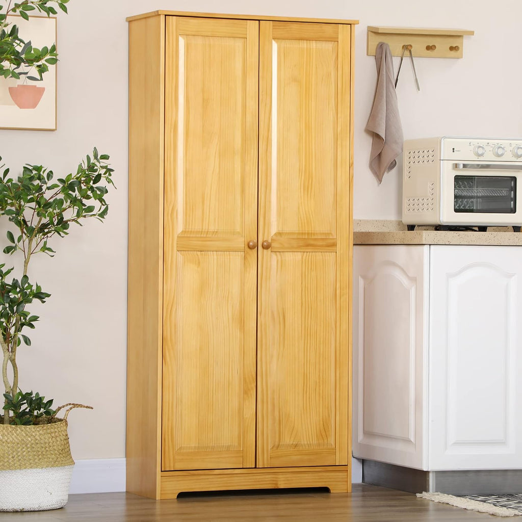 67" Kitchen Pantry Cabinet, Pinewood Storage Cabinet with 2 Door & Adjustable Shelves, Freestanding Cupboard Utility Sideboard Large Hutch Cabinets for Kitchen Dining Room,Brown